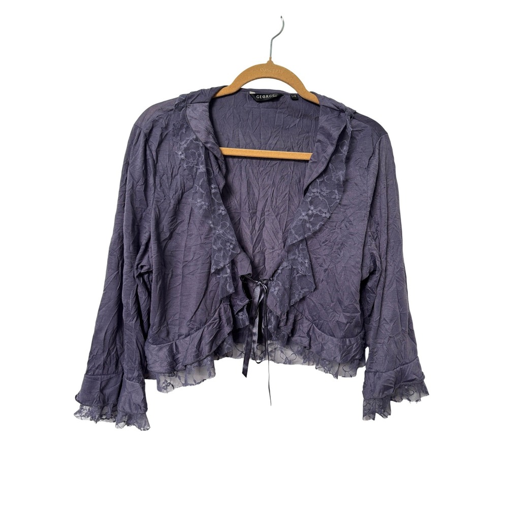 Y2K Womens Purple Crinkle Lace Trim Cropped Tie Front Bolero Cardigan Large